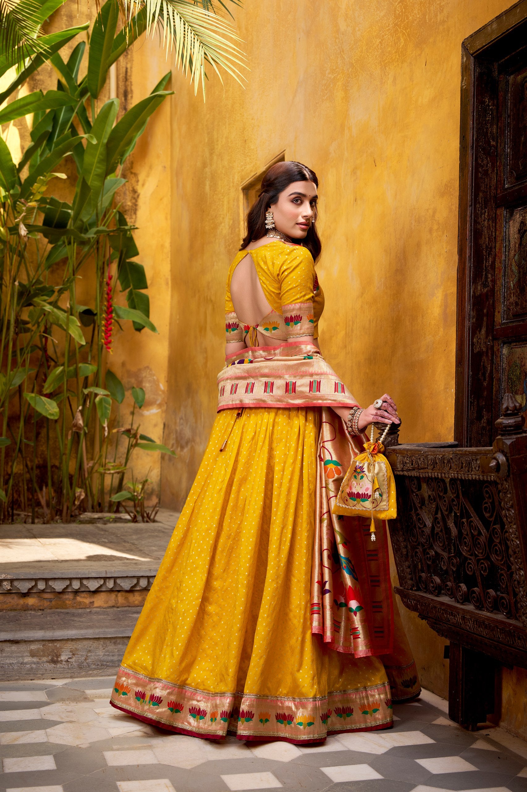 Golden Paithani Silk Lehenga with Zari Weaving & Lace Border – Designer Wedding & Festive Wear Lehenga