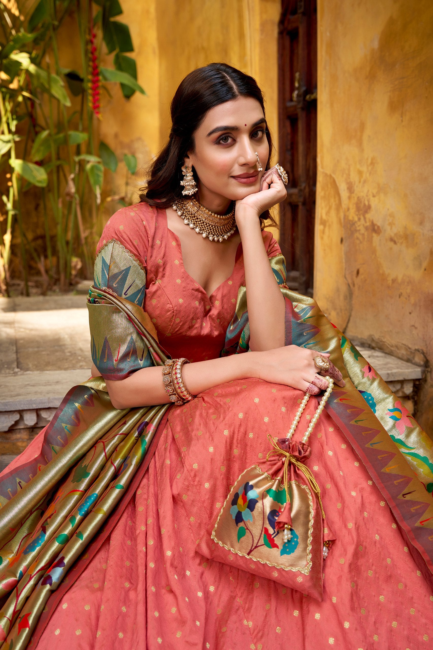 Peach Paithani Silk Lehenga with Zari Weaving & Lace Border – Designer Wedding & Festive Wear Lehenga