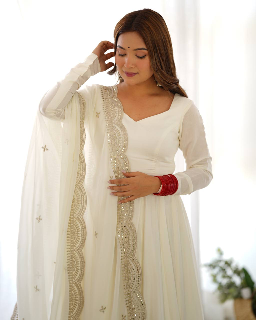 White Fresh Look Chanderi Silk Fully Flair Anarkali Suit