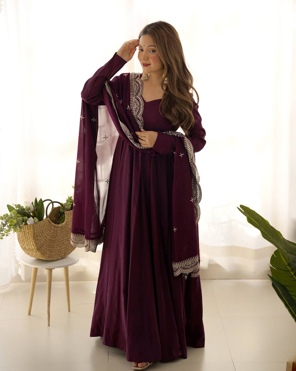 Wine Fresh Look Chanderi Silk Fully Flair Anarkali Suit