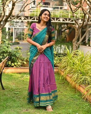 Pink Kanjivaram Silk Half Saree with Rama Green Contrast Zari Weaving Border by The Beauty Queen Surat