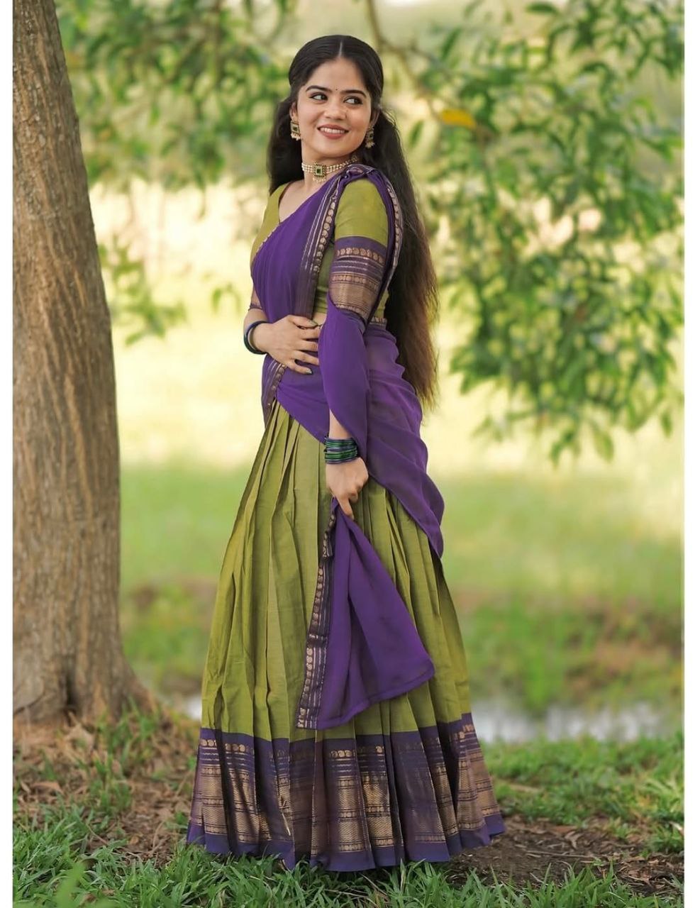 Mehendi Green Kanjivaram Silk Half Saree – Purple Contrast Zari Weaving Langa Voni Set