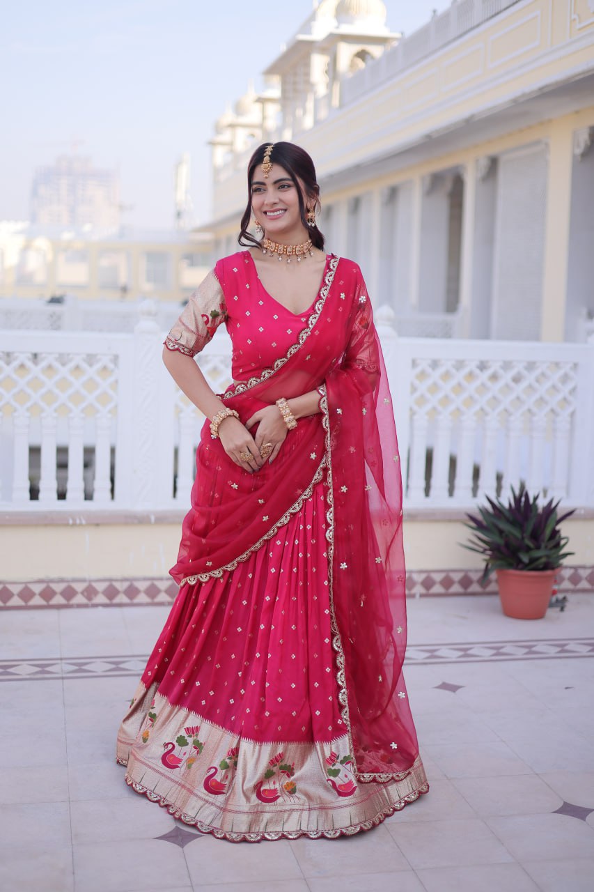 Pink Dola Silk With Meena Weaving With Sequins Coding Embroidered Lace Work Lehenga Choli
