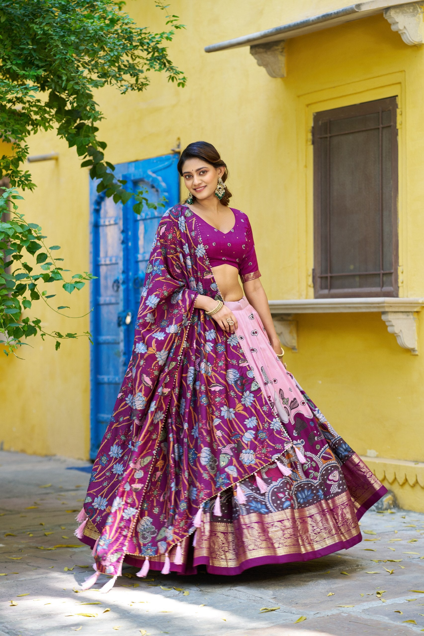 Pink and Purple Tasar Silk Lehenga with Kalamkari Floral Print and Gold Foil Work Border by The Beauty Queen Surat