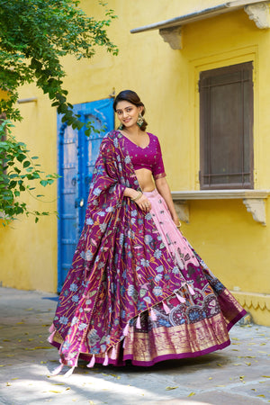 Pink and Purple Tasar Silk Lehenga with Kalamkari Floral Print and Gold Foil Work Border by The Beauty Queen Surat