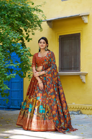 Rust Brown Tasar Silk Lehenga with Kalamkari Print and Foil Work Border by The Beauty Queen Surat
