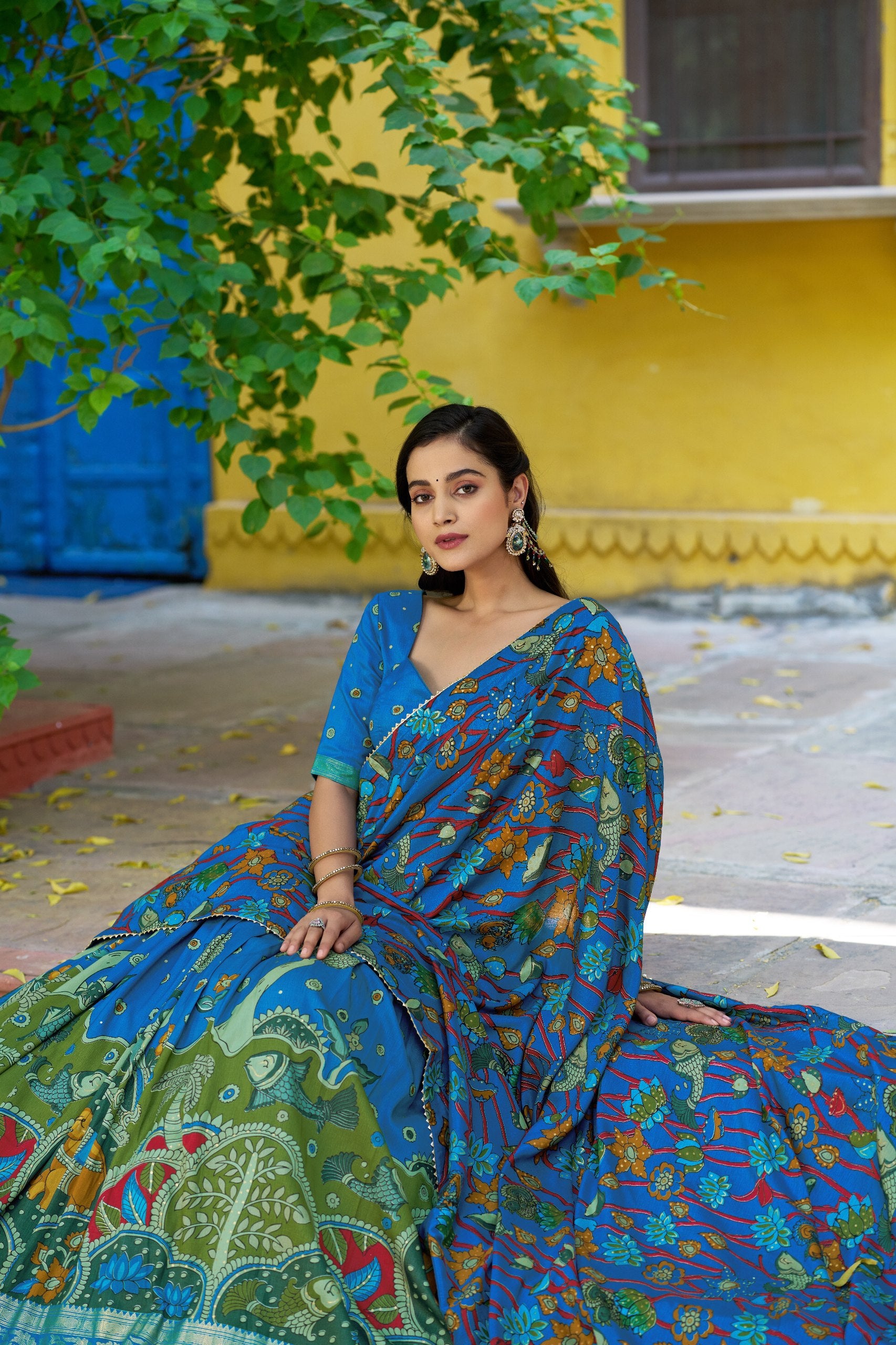 Sky Blue & Sea Green Tasar Silk Kalamkari Print Lehenga Choli – Festive Foil Work Border Set