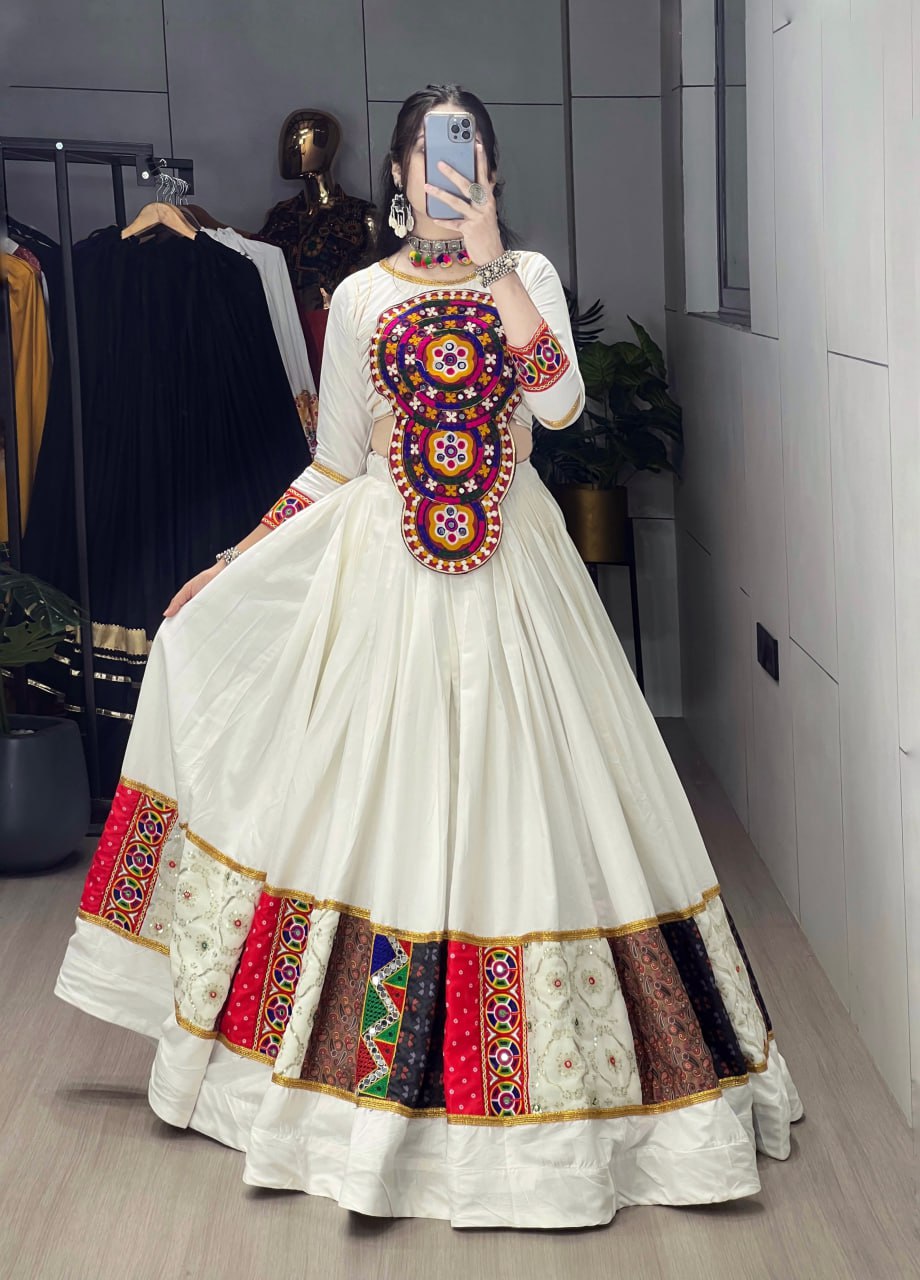 White Pure Rayon Cotton Kutchi Work Navratri Lehenga Choli
