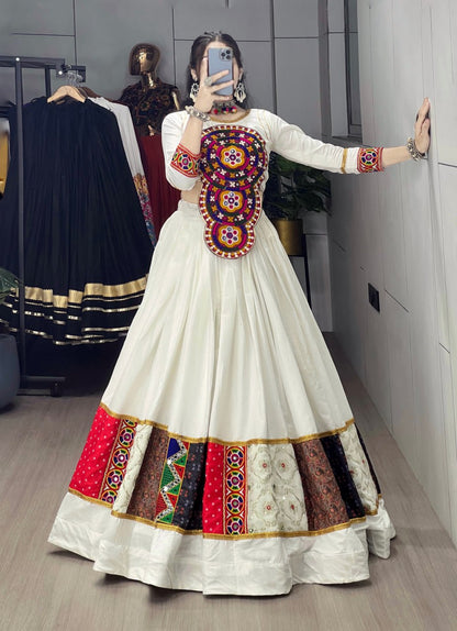 White Pure Rayon Cotton Kutchi Work Navratri Lehenga Choli