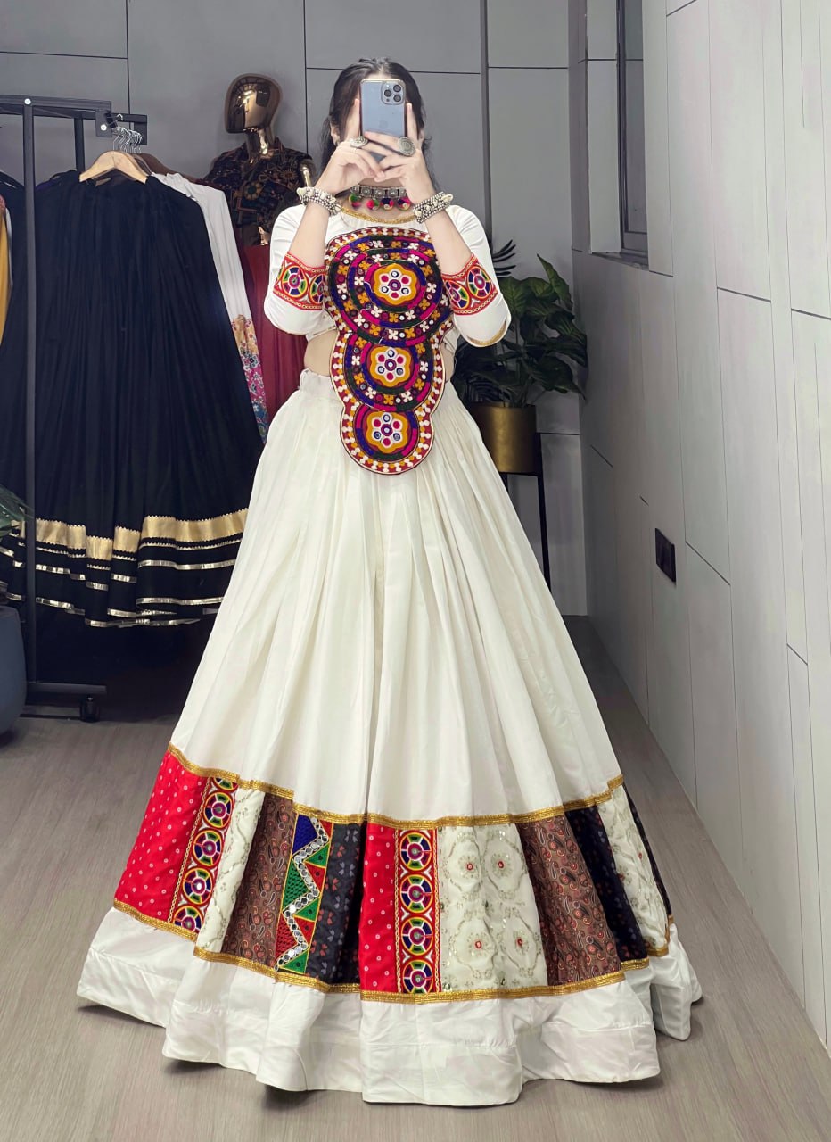 White Pure Rayon Cotton Kutchi Work Navratri Lehenga Choli