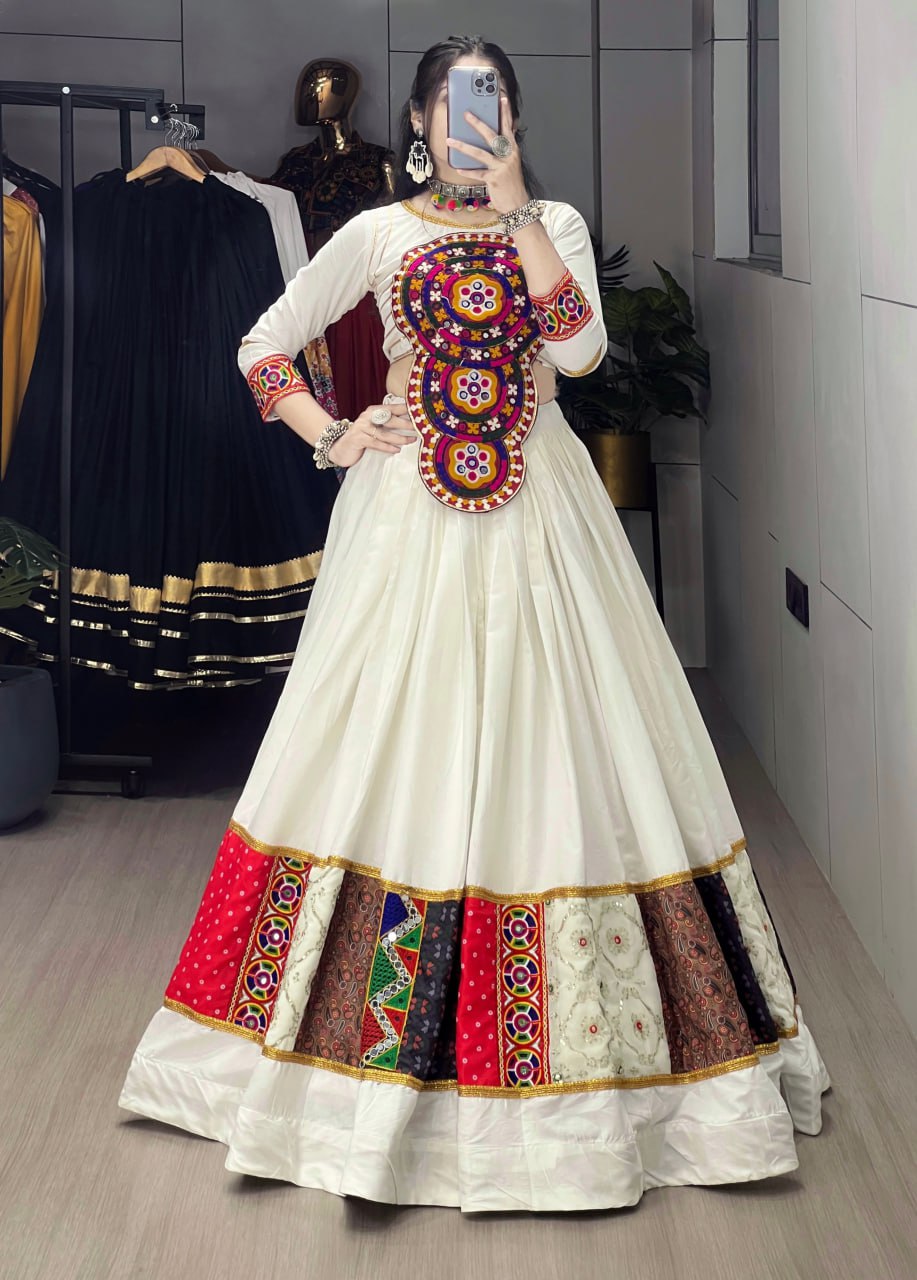White Pure Rayon Cotton Kutchi Work Navratri Lehenga Choli