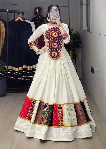 White Pure Rayon Cotton Kutchi Work Navratri Lehenga Choli