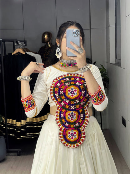 White Pure Rayon Cotton Kutchi Work Navratri Lehenga Choli
