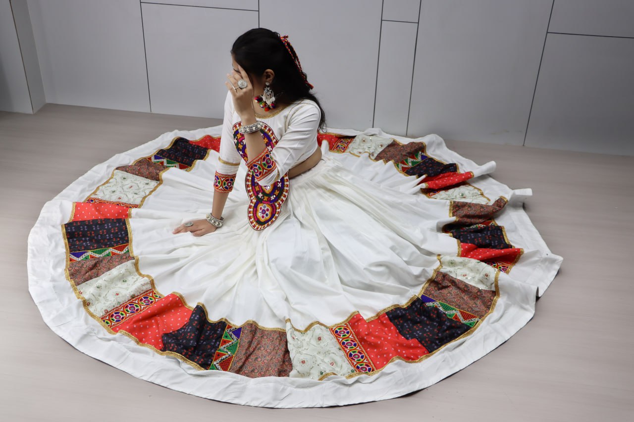 White Pure Rayon Cotton Kutchi Work Navratri Lehenga Choli