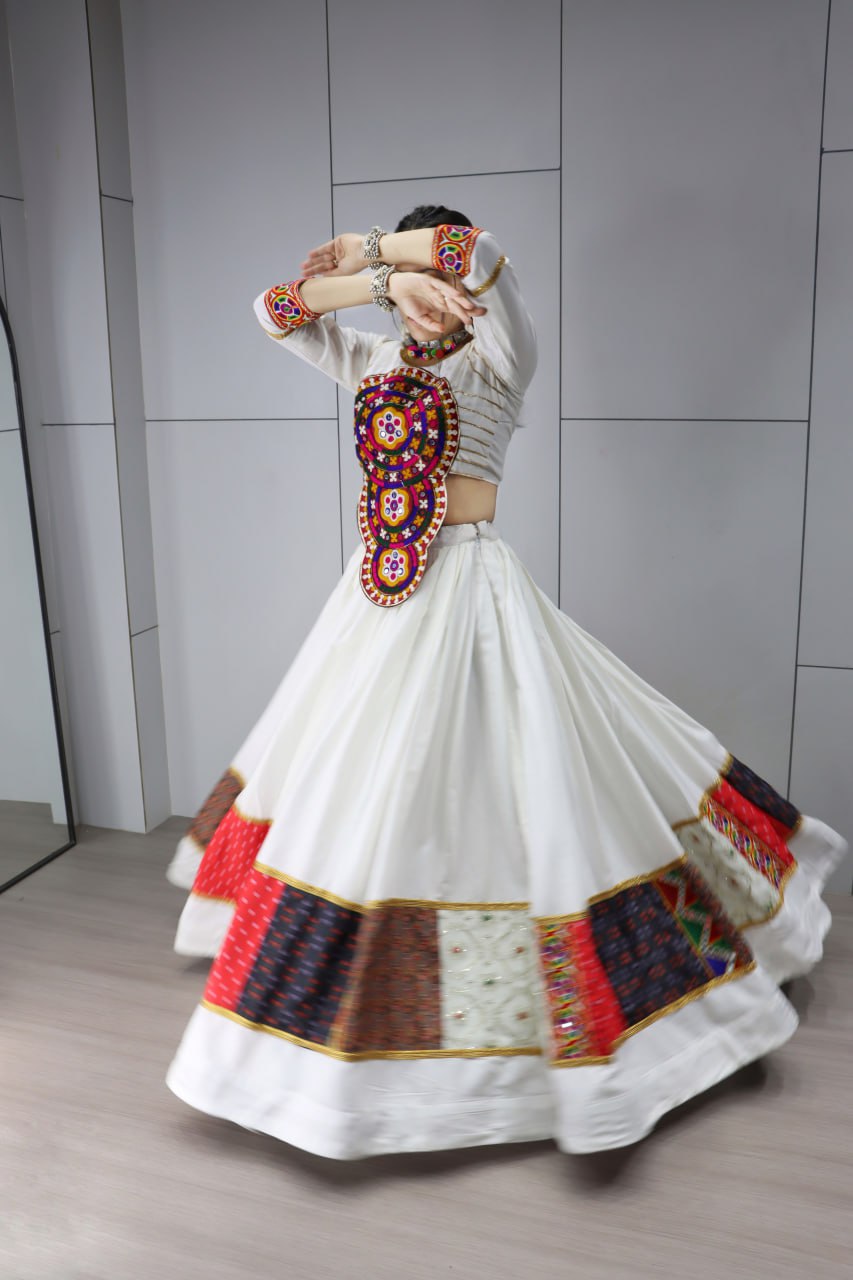 White Pure Rayon Cotton Kutchi Work Navratri Lehenga Choli
