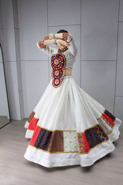 White Pure Rayon Cotton Kutchi Work Navratri Lehenga Choli