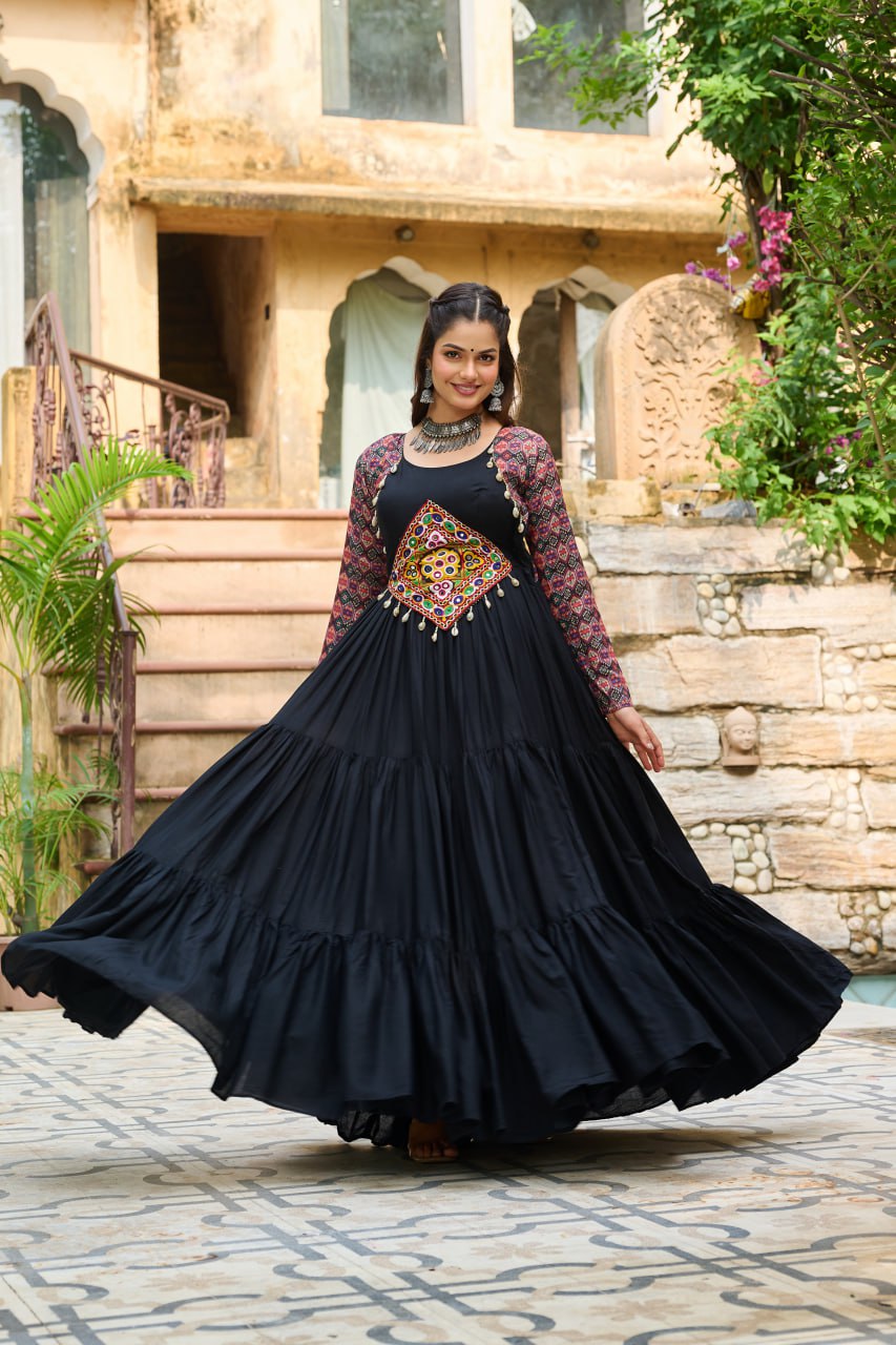 Black Reyon With Kutchi Gamthi Embroidered Work Navratri Gown