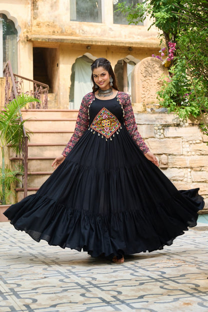 Black Reyon With Kutchi Gamthi Embroidered Work Navratri Gown