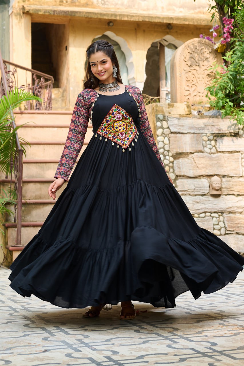Black Reyon With Kutchi Gamthi Embroidered Work Navratri Gown