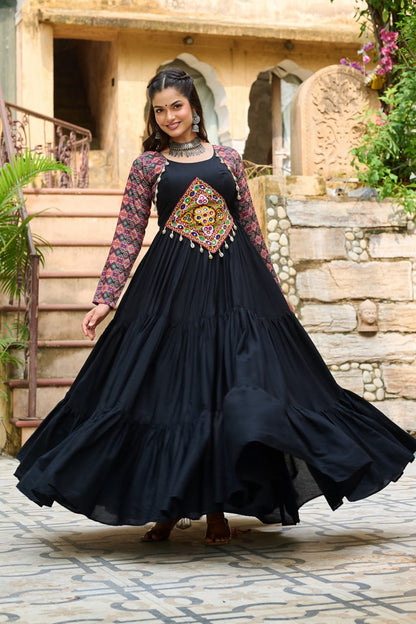 Black Reyon With Kutchi Gamthi Embroidered Work Navratri Gown