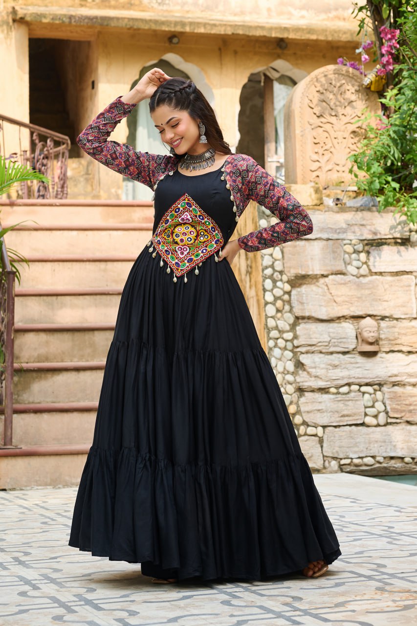Black Reyon With Kutchi Gamthi Embroidered Work Navratri Gown