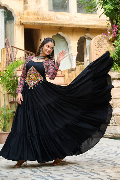 Black Reyon With Kutchi Gamthi Embroidered Work Navratri Gown