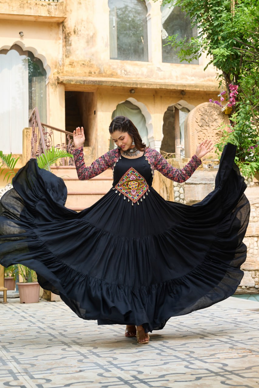 Black Reyon With Kutchi Gamthi Embroidered Work Navratri Gown