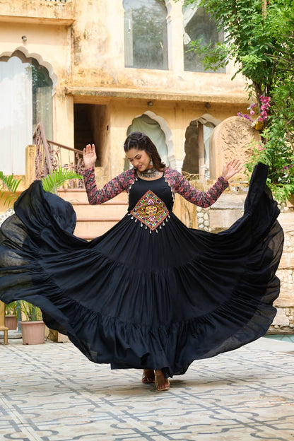 Black Reyon With Kutchi Gamthi Embroidered Work Navratri Gown