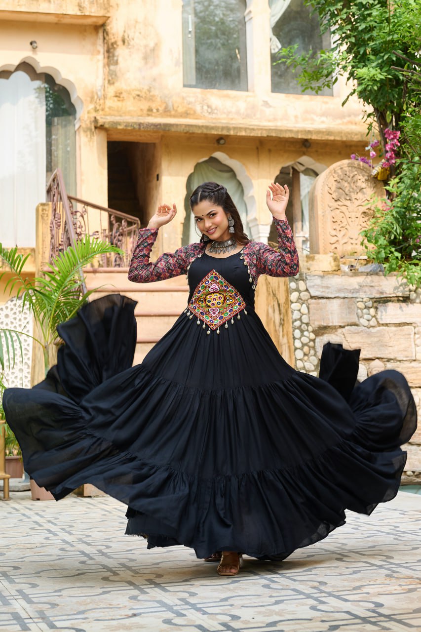 Black Reyon With Kutchi Gamthi Embroidered Work Navratri Gown