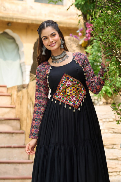 Black Reyon With Kutchi Gamthi Embroidered Work Navratri Gown