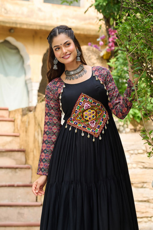 Black Reyon With Kutchi Gamthi Embroidered Work Navratri Gown