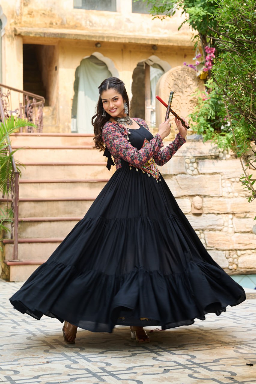 Black Reyon With Kutchi Gamthi Embroidered Work Navratri Gown