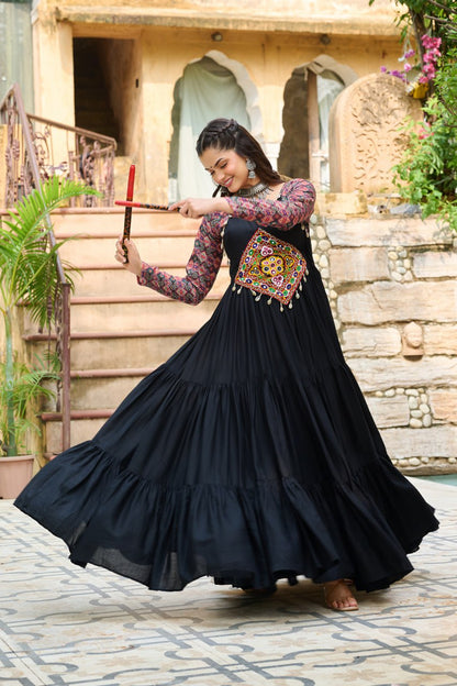 Black Reyon With Kutchi Gamthi Embroidered Work Navratri Gown
