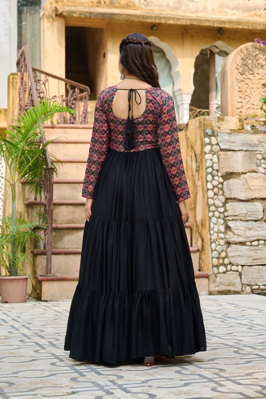 Black Reyon With Kutchi Gamthi Embroidered Work Navratri Gown