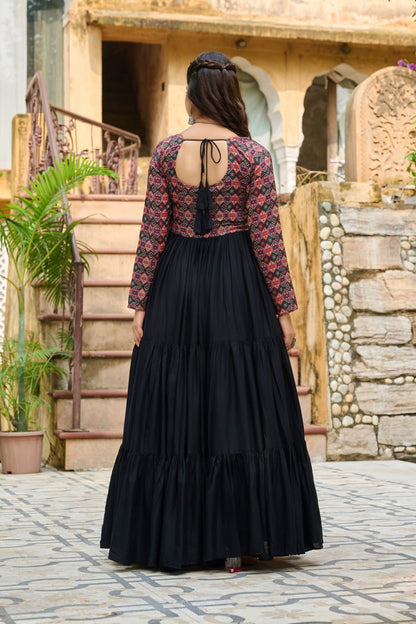 Black Reyon With Kutchi Gamthi Embroidered Work Navratri Gown