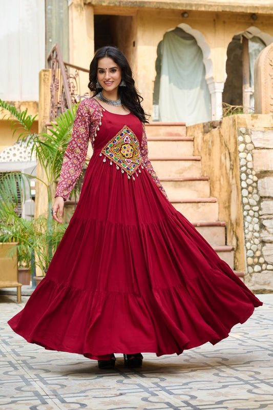 Maroon Reyon With Kutchi Gamthi Embroidered Work Navratri Gown