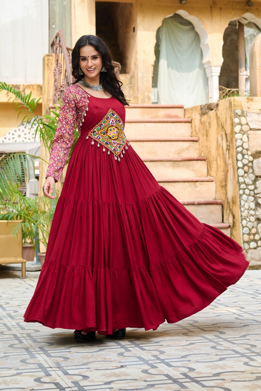 Maroon Reyon With Kutchi Gamthi Embroidered Work Navratri Gown