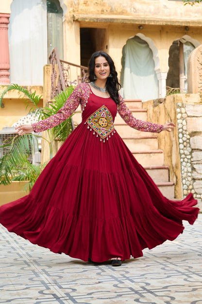 Maroon Reyon With Kutchi Gamthi Embroidered Work Navratri Gown