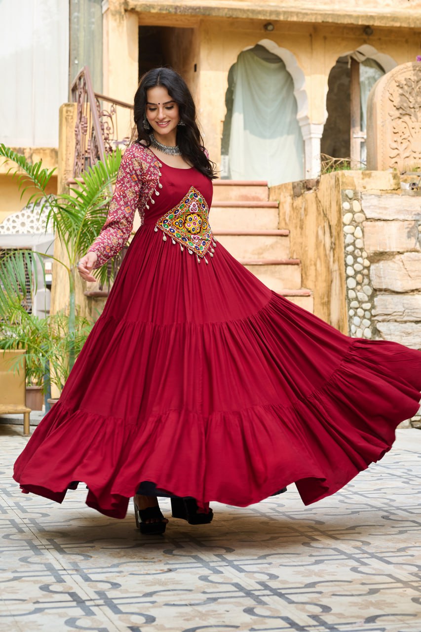 Maroon Reyon With Kutchi Gamthi Embroidered Work Navratri Gown
