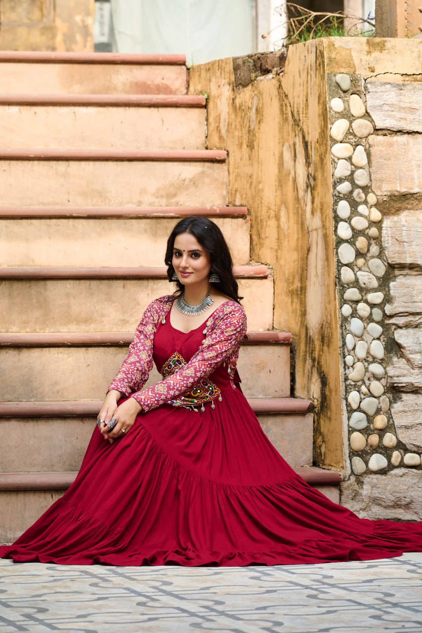 Maroon Reyon With Kutchi Gamthi Embroidered Work Navratri Gown