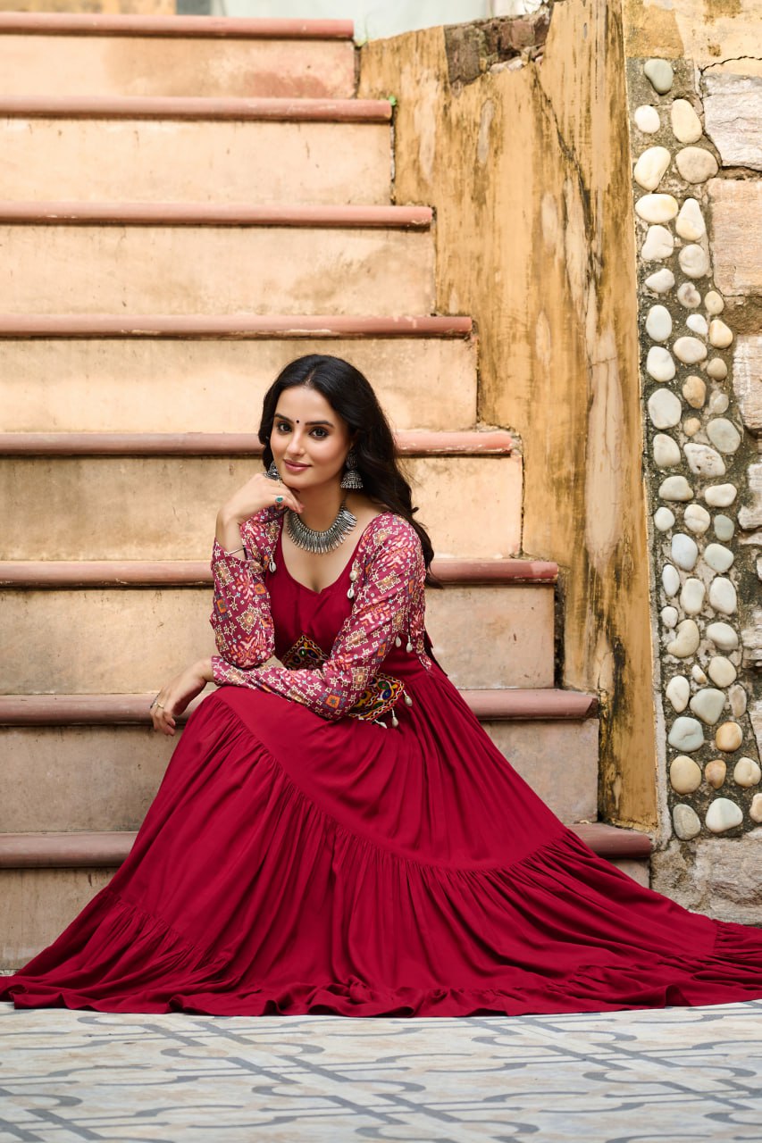 Maroon Reyon With Kutchi Gamthi Embroidered Work Navratri Gown