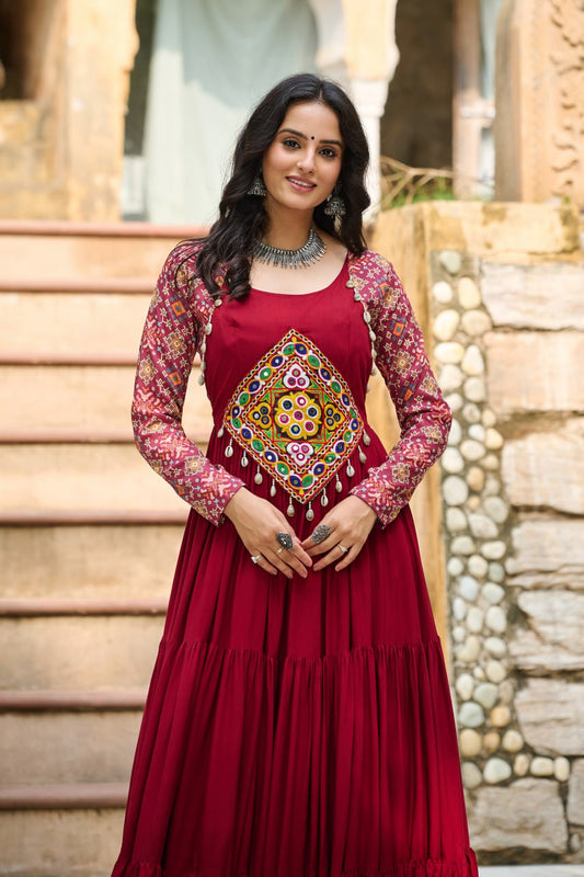 Maroon Reyon With Kutchi Gamthi Embroidered Work Navratri Gown