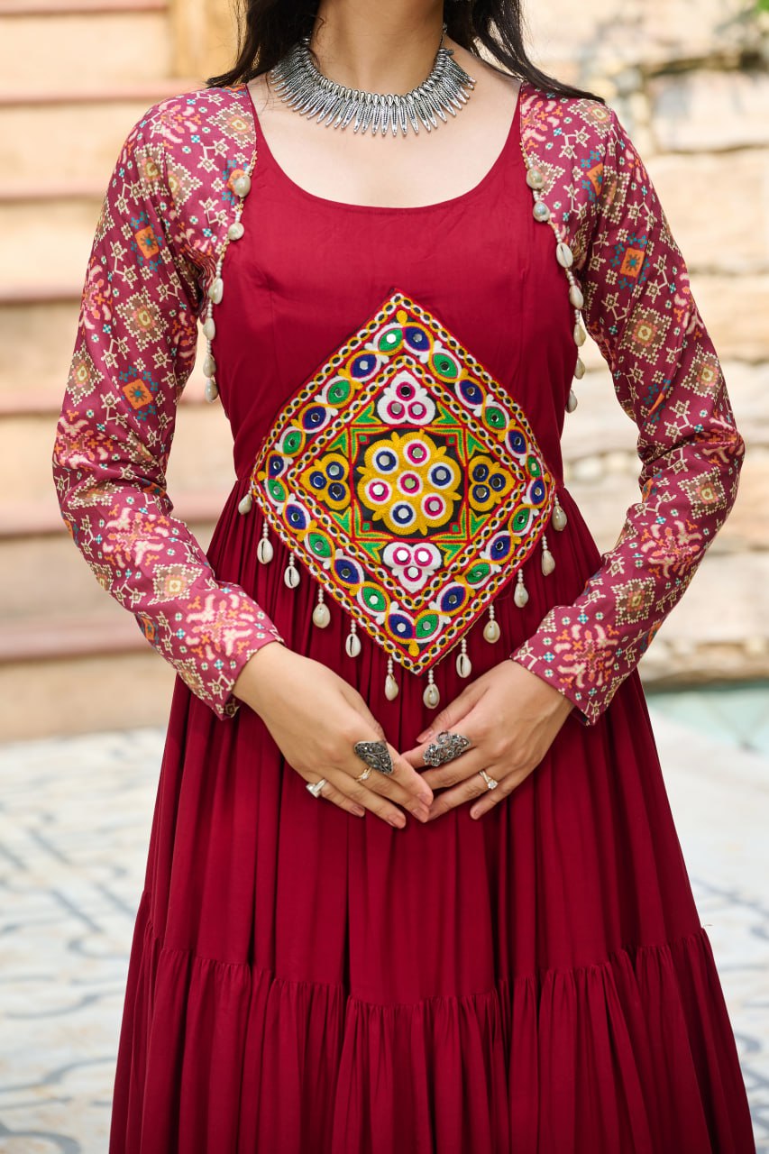 Maroon Reyon With Kutchi Gamthi Embroidered Work Navratri Gown