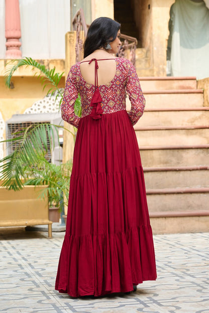 Maroon Reyon With Kutchi Gamthi Embroidered Work Navratri Gown