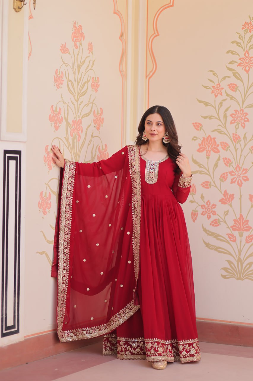 Maroon Faux Blooming Georgette With Zari Sequins Embroidered Work Gown