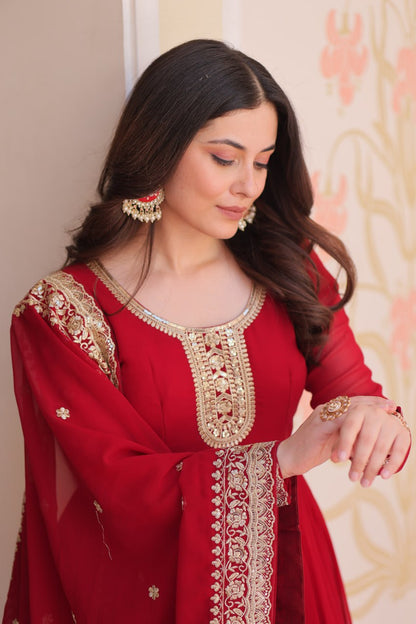 Maroon Faux Blooming Georgette With Zari Sequins Embroidered Work Gown