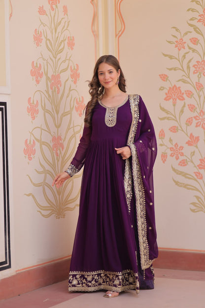 Purple Faux Blooming Georgette With Zari Sequins Embroidered Work Gown