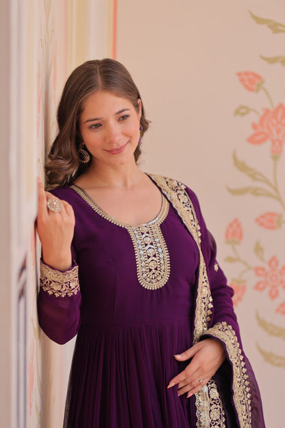 Purple Faux Blooming Georgette With Zari Sequins Embroidered Work Gown