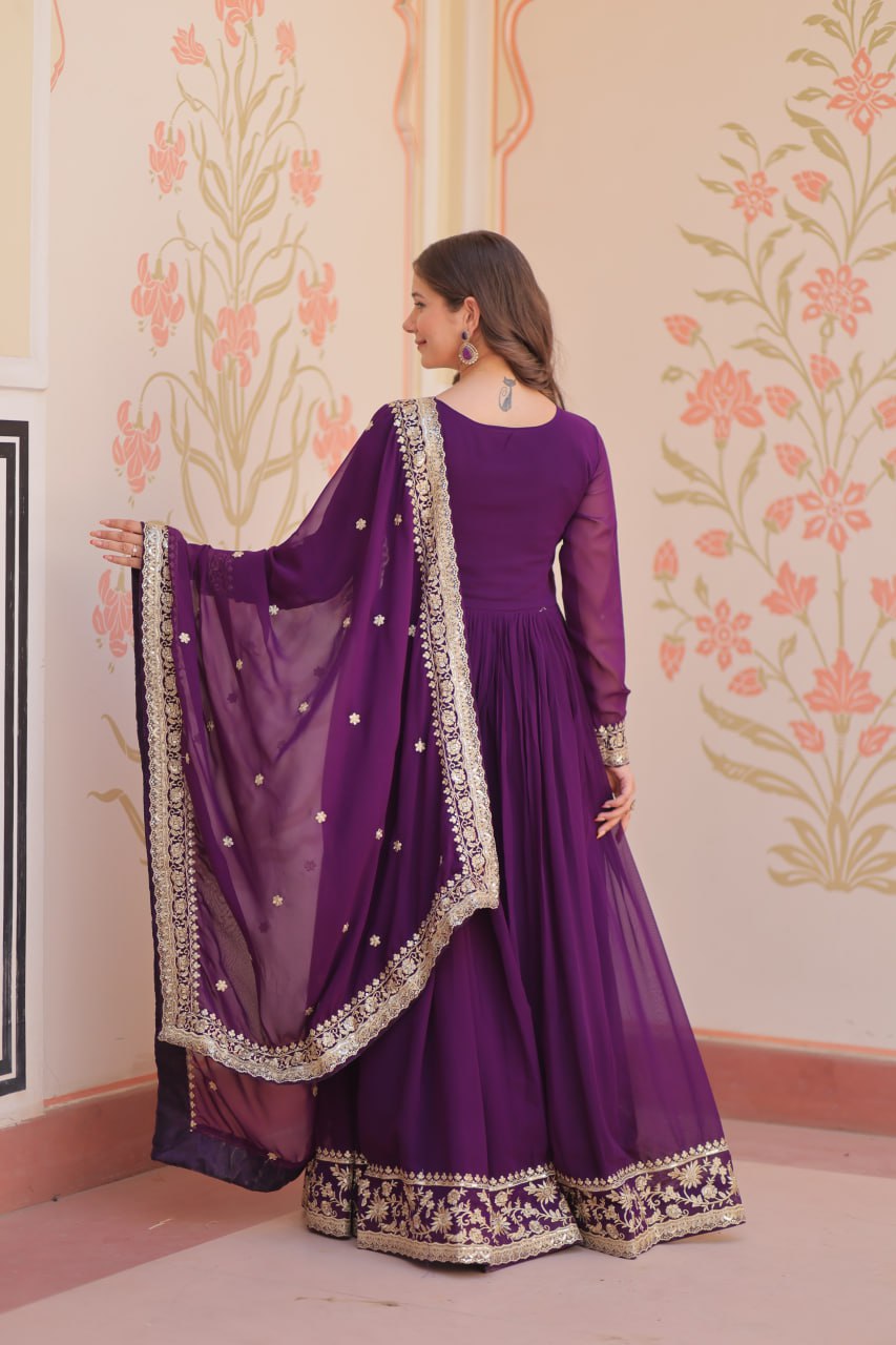 Purple Faux Blooming Georgette With Zari Sequins Embroidered Work Gown