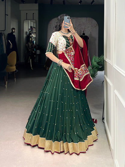 Green Chiffon Sequins And Thread Embroidery Work Navaratri Lehenga Choli